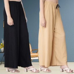 Pack of 2 Women Relaxed Black, Cream Polyester Trousers-image-4