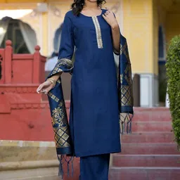 Vishudh Teal & Gold Toned Round Neck Regular Kurta with Palazzos & With Dupatta image 5