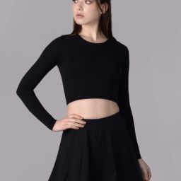 plus size padded full sleeve round neck crop top with skirt swimset for women Solid Women Black Swimsuit-image-6