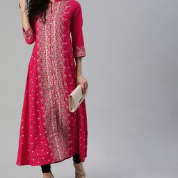 Ishin Women Pink & White Printed A-Line Kurta with Mirror Work-image-27