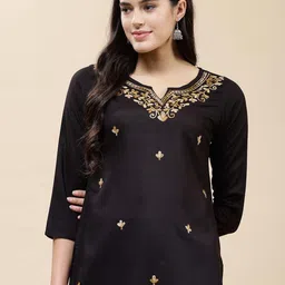 QAZMI Floral Embroidered Aari Work Straight Kurti-image-46