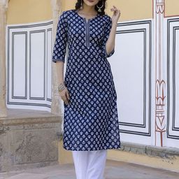 Nayo Women Navy Blue Ethnic Printed Cotton Straight Kurta-picture-42