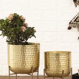 HomeShastra Gold Toned 2 Pieces Metal Planters with Stand-31