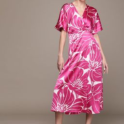 MANGO Floral Print Flutter Sleeves Satin Finish Dress-image-89