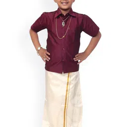 Thala-thalapathy Boys Maroon & White Solid Shirt and Veshti-picture-25