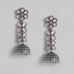 AITIHYA Silver-Plated Stones-Studded & Beaded Teardrop Shaped Oxidised Jhumkas Earrings-15
