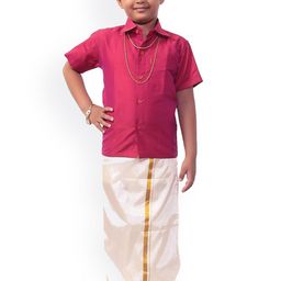 Thala-thalapathy Boys Pink & White Solid Shirt and Veshti With Gift Set-image-65