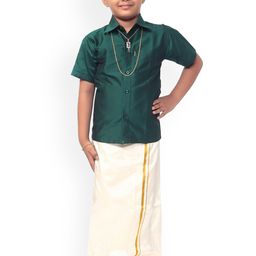 Thala-Thalapathy Boys Green & Gold-Coloured Solid Shirt with Veshti & Towel With Gift Set-52