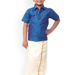 Thala-thalapathy Boys Blue & Off-White Solid Shirt with Veshti & Towel With Gift Set-picture-23