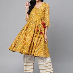 Anubhutee Women Mustard Yellow & Off-White Bandhani Print Kurta with Palazzos-picture-15
