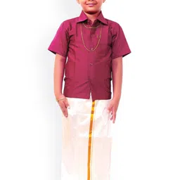 Thangamagan Boys Magenta & White Solid Shirt and Veshti-29