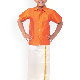 Thala-thalapathy Boys Orange & Off-White Solid Shirt with Veshti & Gift-58