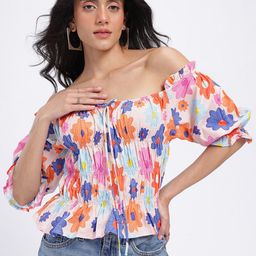 glitchez Dreamy Florals Print Ruched Effect Off-Shoulder Pure Cotton Bardot Top-picture-23