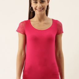 zebu Women Pink Solid Slim Fit Round Neck T-shirt with Lace Detailing-picture-4