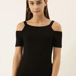 zebu Women Black Slim Fit Solid Boat Neck T-shirt with Cold-Shoulder Sleeve-image-32