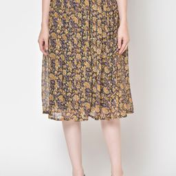 Cation Women Black & Yellow Floral Printed Flared Skirt-image-31
