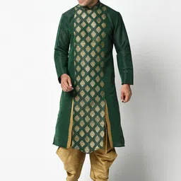 DEYANN Men Green & Gold Woven Design Kurta with Dhoti Pants-image-47