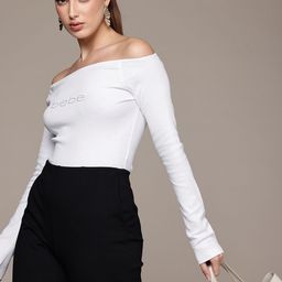 bebe Brand Logo Studded Embellished Off-Shoulder Ribbed Fitted Top-image-20