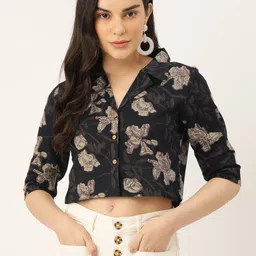 FERANOID Floral Print Shirt Style Pure Cotton Crop Top-image-86