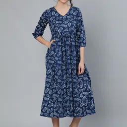 Nayo Blue Tropical Fit and Flare Cotton Dress-picture-18