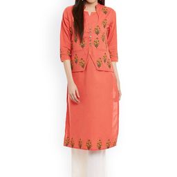 Bitterlime Women Peach-Coloured Printed Block Print Kurta with Jacket-image-60