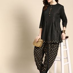 Sangria Women Black Ethnic Motifs Pleated Kurta with Dhoti Pants-image-51