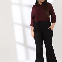 Amydus Women Plus Size Maroon Solid Shirt Style Top-image-22