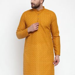 Jompers Men Mustard Yellow & White Self Design Kurta with Churidar-picture-53