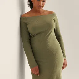 NA-KD Olive Green Ribbed Off-Shoulder Sheath Dress-image-8