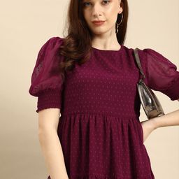 all about you Burgundy Self-design Puff Sleeves A-Line Midi Dress-picture-18