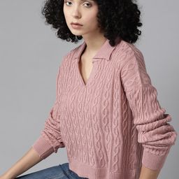 The Roadster Lifestyle Co. Cable Knit Shirt Collar Crop Pullover-picture-14