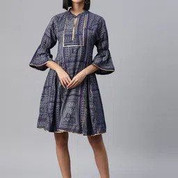 RAJGRANTH Print Bell Sleeve Cotton A-Line Dress-image-10