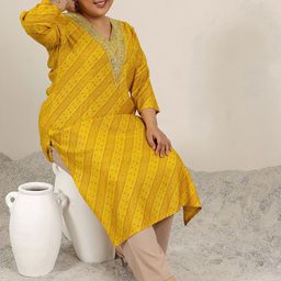 EXTRA LOVE BY LIBAS Plus Size Bandhani Printed V-Neck Zari Straight Kurta-16