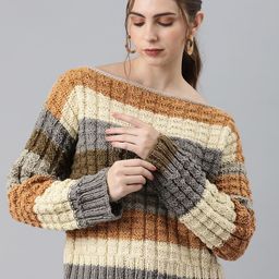 Magic Needles Women Striped Boat Neck Acrylic Pullover-image-16