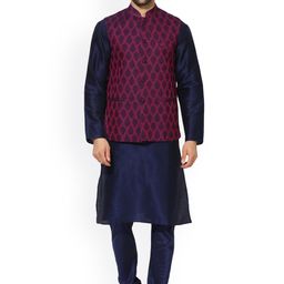 KISAH Men Navy Blue & Magenta Solid Kurta Churidar with Nehru Jacket-picture-17