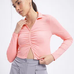 glitchez City Chic Ribbed Ruched Front Slit Crop Top-image-96