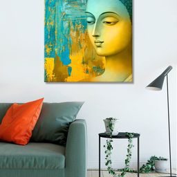 999Store Yellow & Turquoise Blue Printed Buddha Canvas Wall Art-image-57