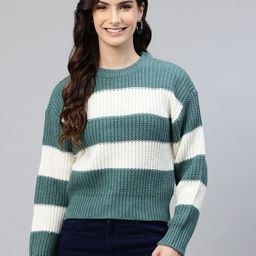 One Femme Striped Woollen Crop Pullover-image-92