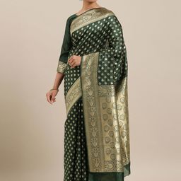 Mitera Green & Gold-Toned Silk Blend Woven Design Banarasi Saree-image-24