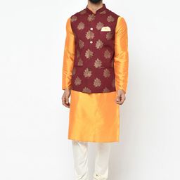KISAH Men Red & Orange Solid Kurta with Churidar & Nehru Jacket-0