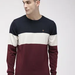 Raymond Men Blue & Maroon Colourblocked Pullover Sweater-image-49