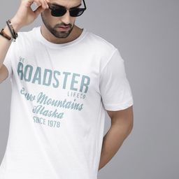 Roadster Men White & Blue Printed Pure Cotton T-shirt-image-59