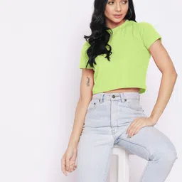 Uptownie Lite Green Solid Stretchable Fitted Basic Top-image-45
