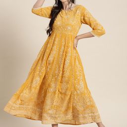 Juniper Women Mustard Yellow Ethnic Motifs Printed Georgette Anarkali Dress-9