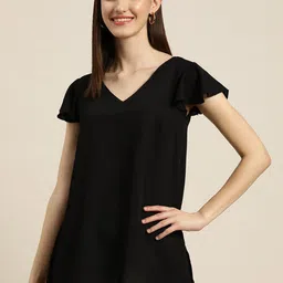 Qurvii Black Flutter Sleeves Crepe Longline Top-image-53