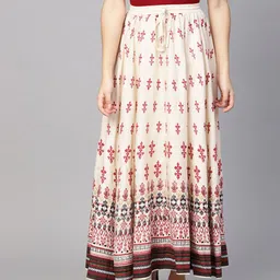 anayna Cream-Coloured & Red Printed Flared Maxi Skirt-6