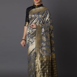 Mitera Gold-Toned & Grey Silk Blend Woven Design Kanjeevaram Saree-picture-14