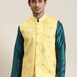 SOJANYA Men Yellow Mirror Work Nehru Jacket-image-20