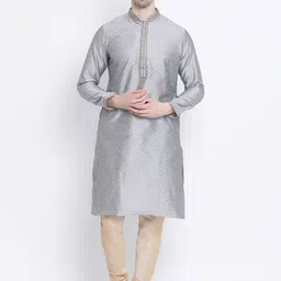 Sanwara Men Silver-Coloured & Beige Self Design Silk Kurta with Churidar-image-47