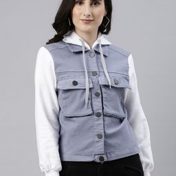 Campus Sutra Women Blue Hooded Denim Jacket-image-93